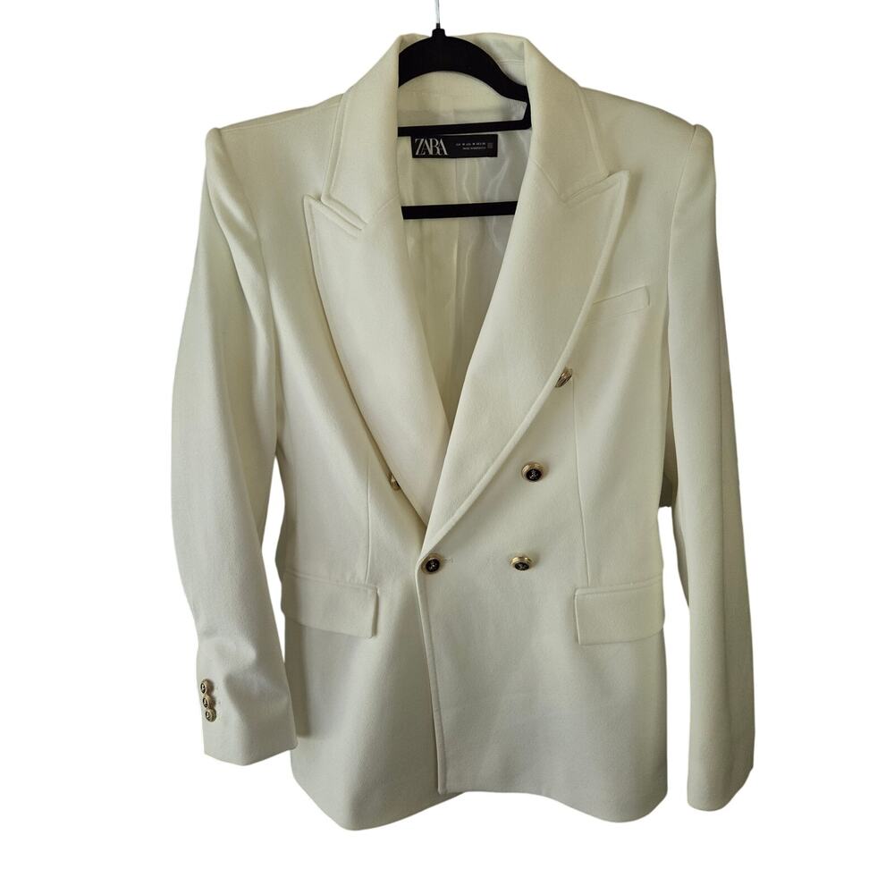 Zara Cream Double Breasted Blazer Jacket Gold Buttons Monochrome Quiet Luxury